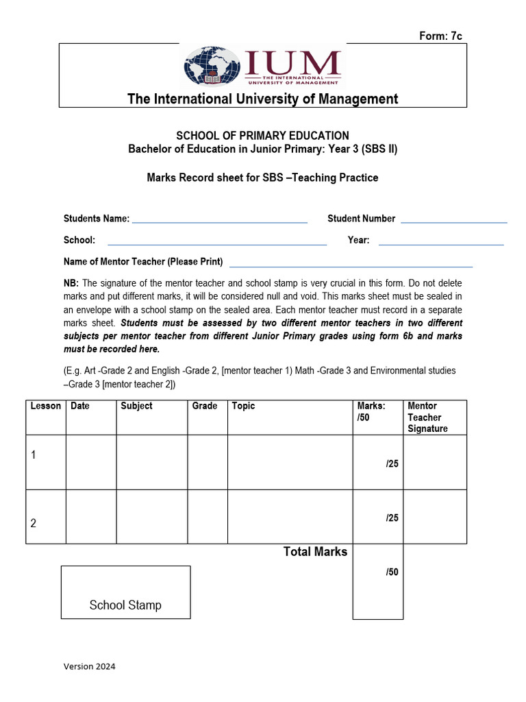 Form 7c-Mentor Teacher Marks Record Sheet BHEJP - Year 3 | PDF