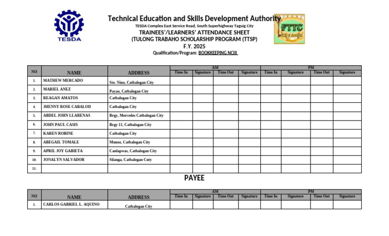 TESDA Bookkeeping Attendance Sheet 2025 | PDF