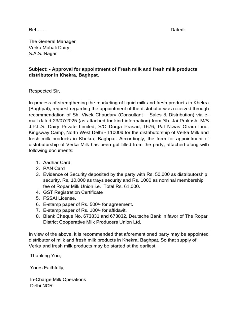 Distributor Appointment Notice for Verka Milk | PDF | Chess Theory