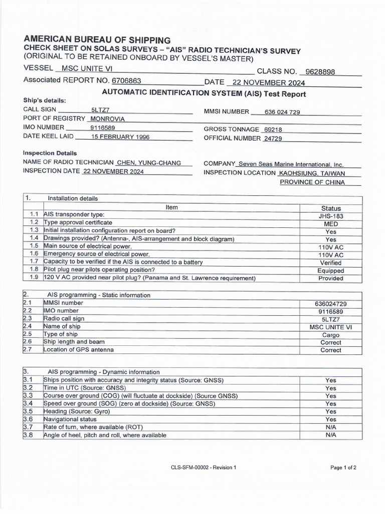 Ais Test Report (MSC Unite Vi) | PDF