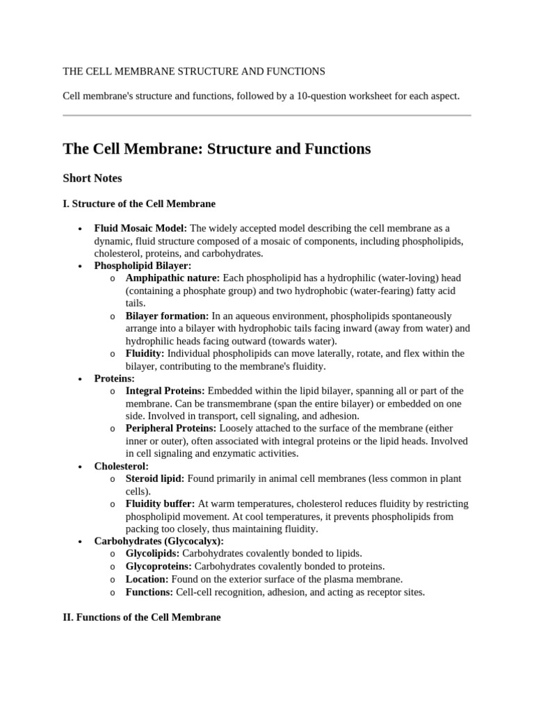 Cell Membrane Structure and Functions | PDF | Cell Membrane | Lipid Bilayer
