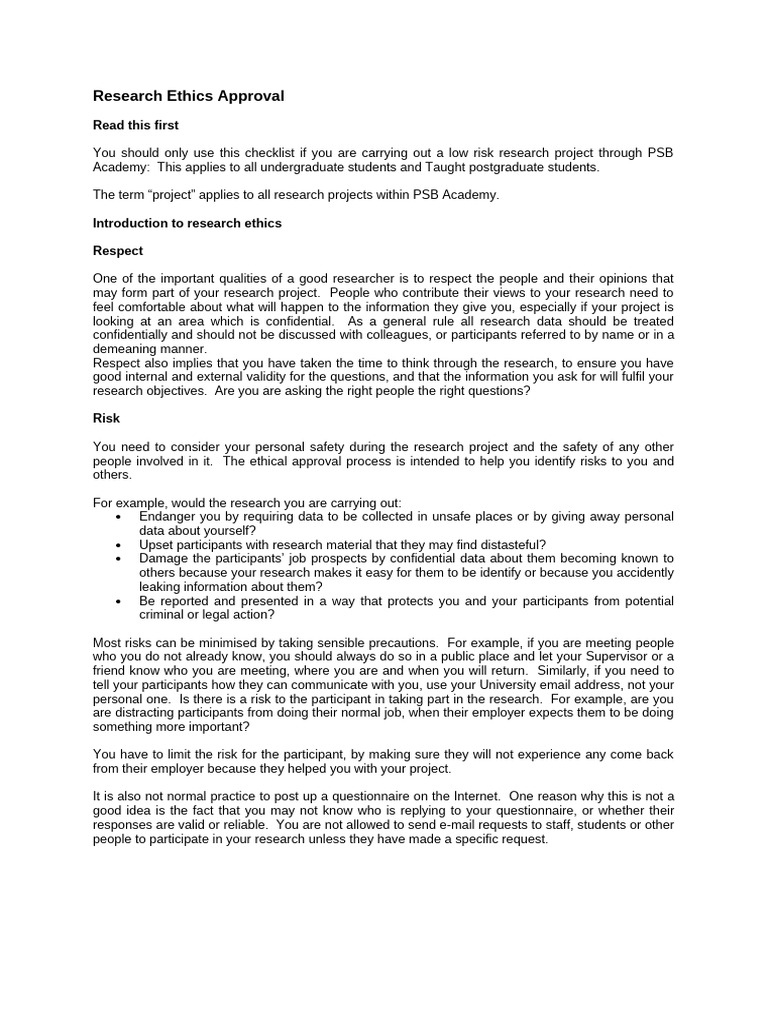 Research Ethics Approval | PDF | Risk | Informed Consent