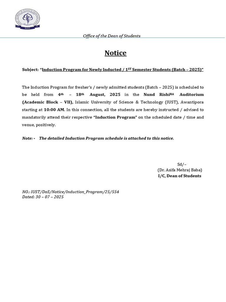 Induction Program for IUST Batch 2025 | PDF | Academia