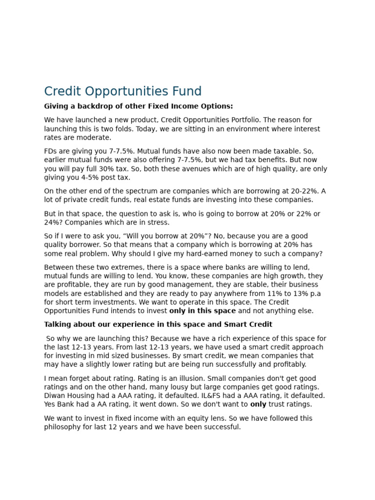 Credit Opportunities Fund Overview | PDF | Interest | Banks