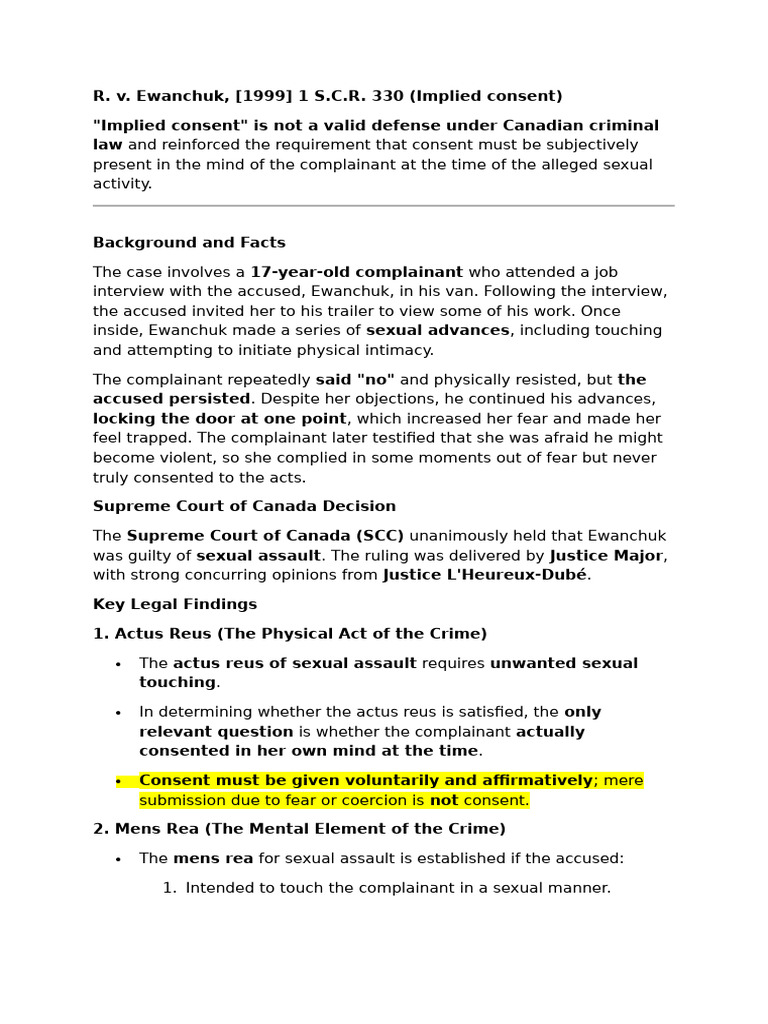 R. v. Ewanchuk: Affirmative Consent Defined | PDF | Consent | Mens Rea
