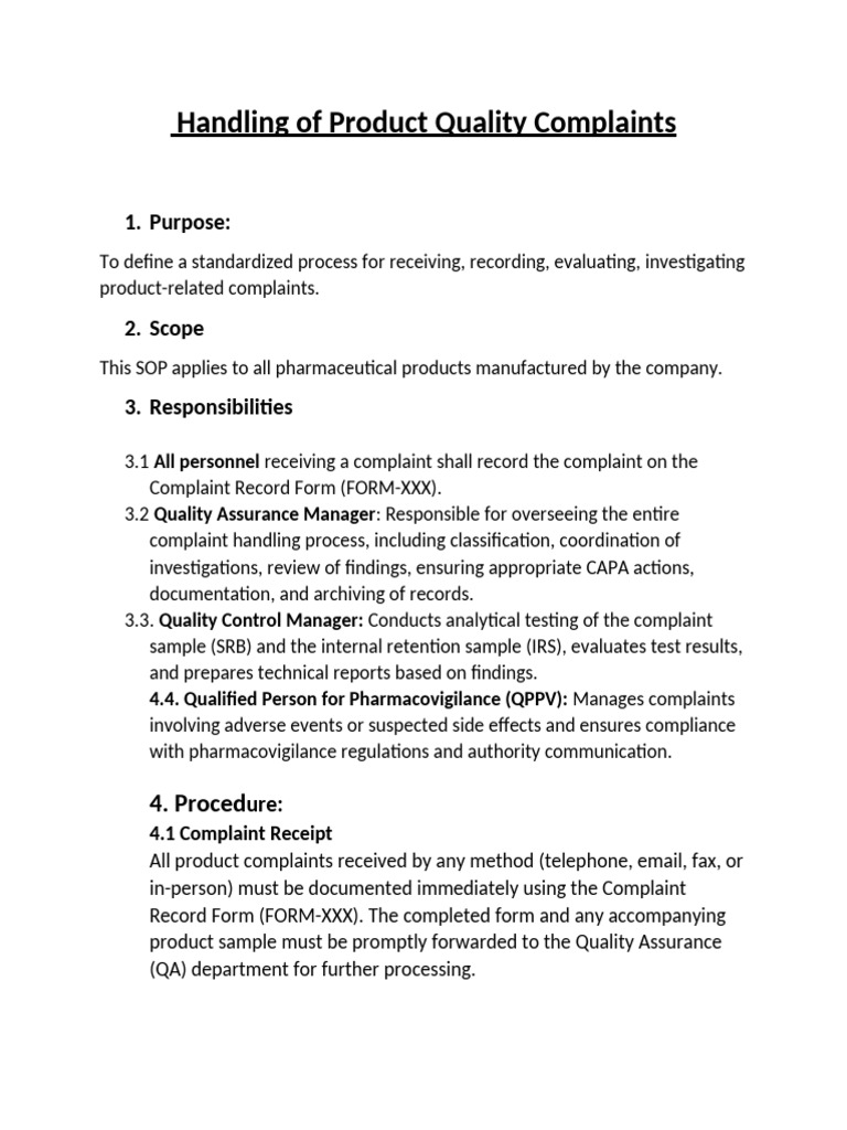 Product Quality Complaint Handling SOP | PDF | Pharmacovigilance ...