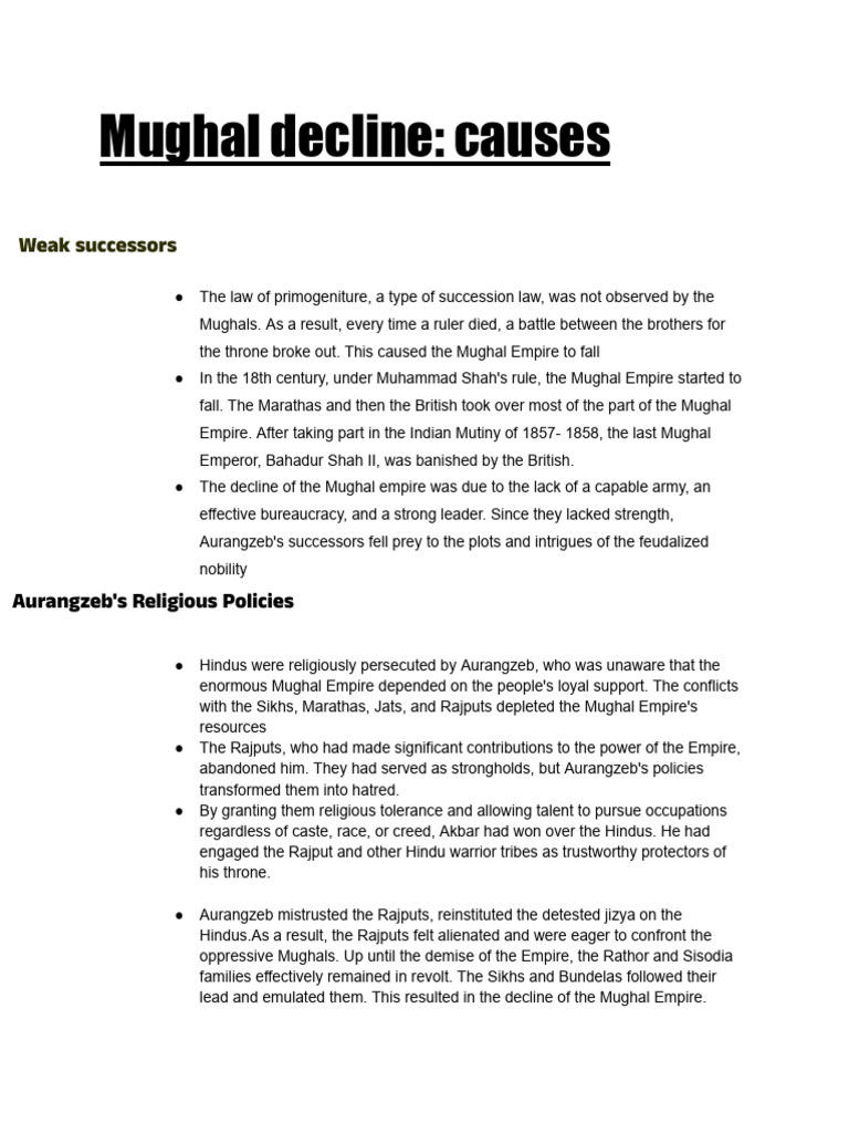Causes of Mughal Empire Decline | PDF | Mughal Empire
