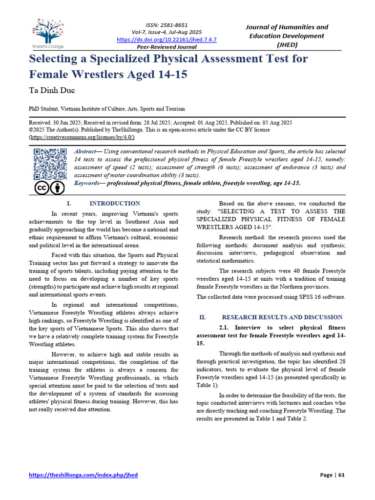 Physical Fitness Tests for Young Female Wrestlers | PDF