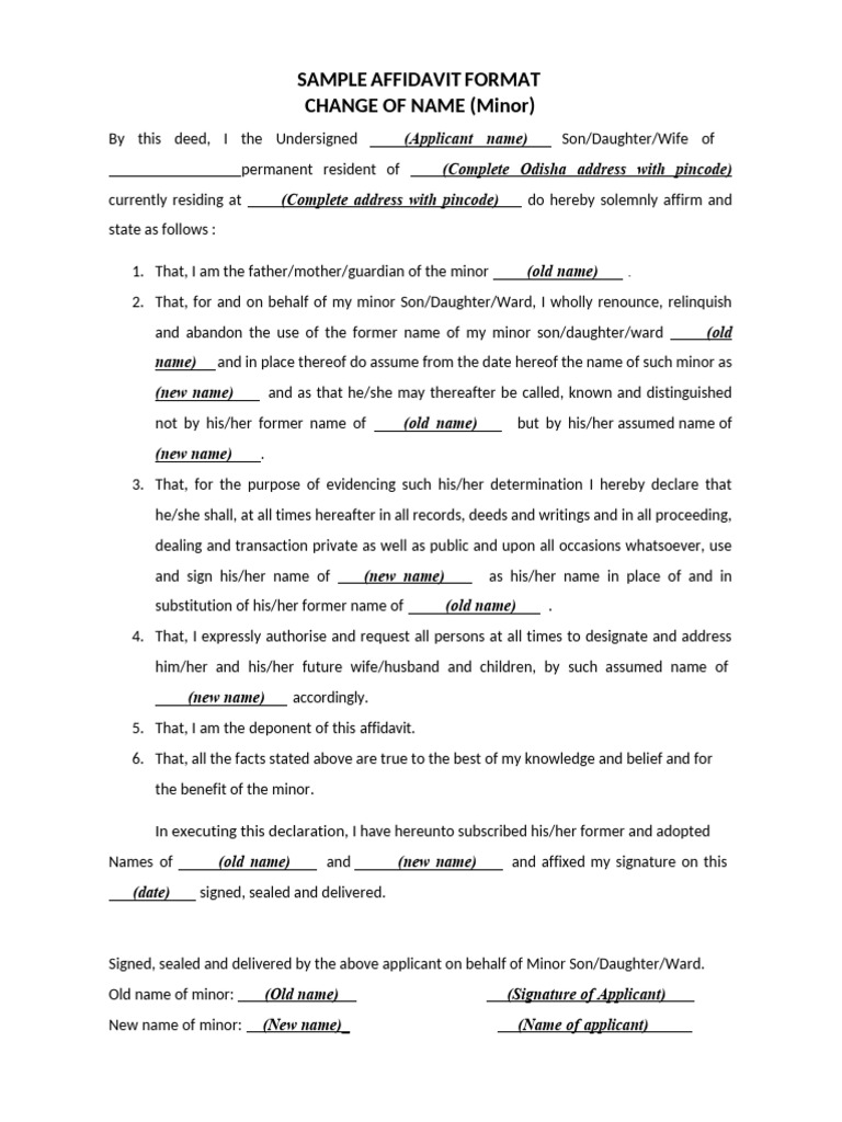Minor Name Change Affidavit Format | PDF