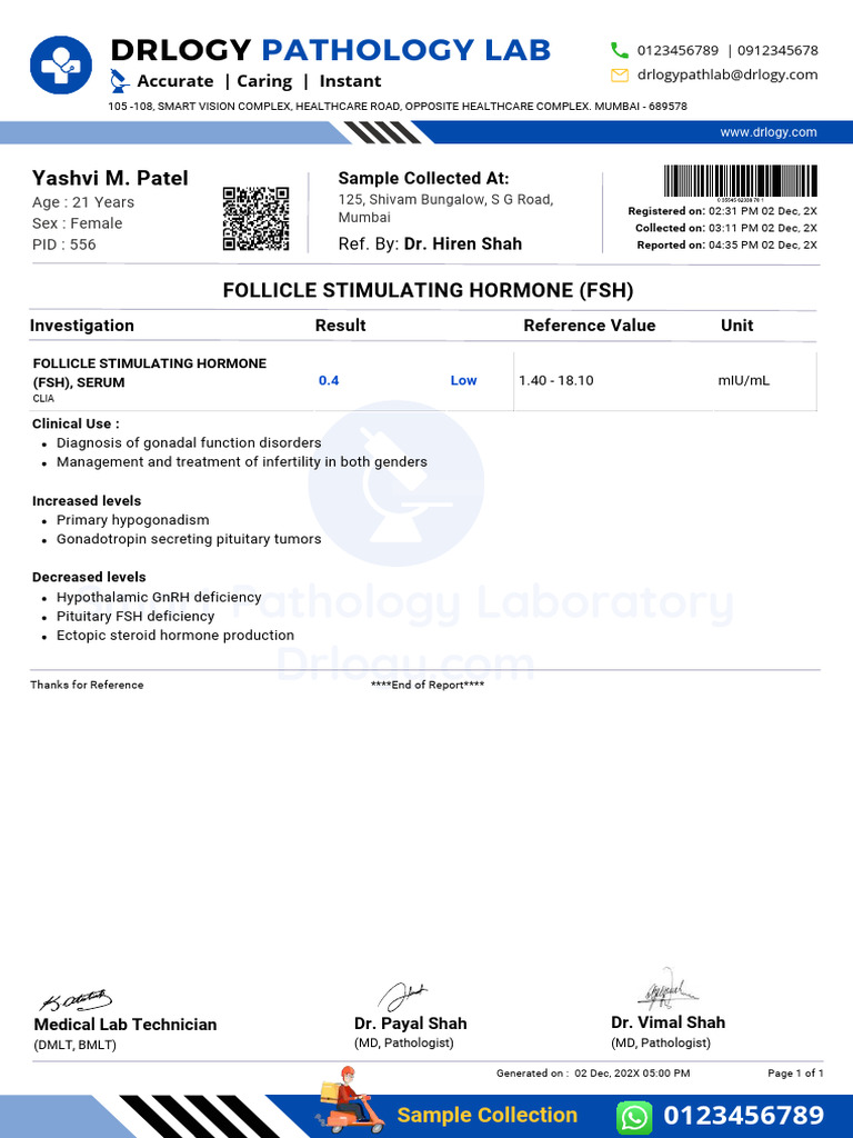 FSH Serum Test Report for Female Patient | PDF