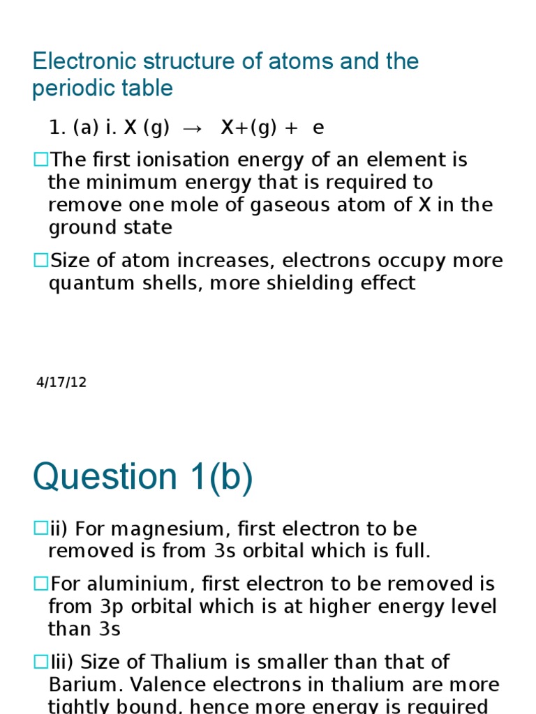 Electronic Structure of Atoms and The Periodic Table Exercise | PDF ...