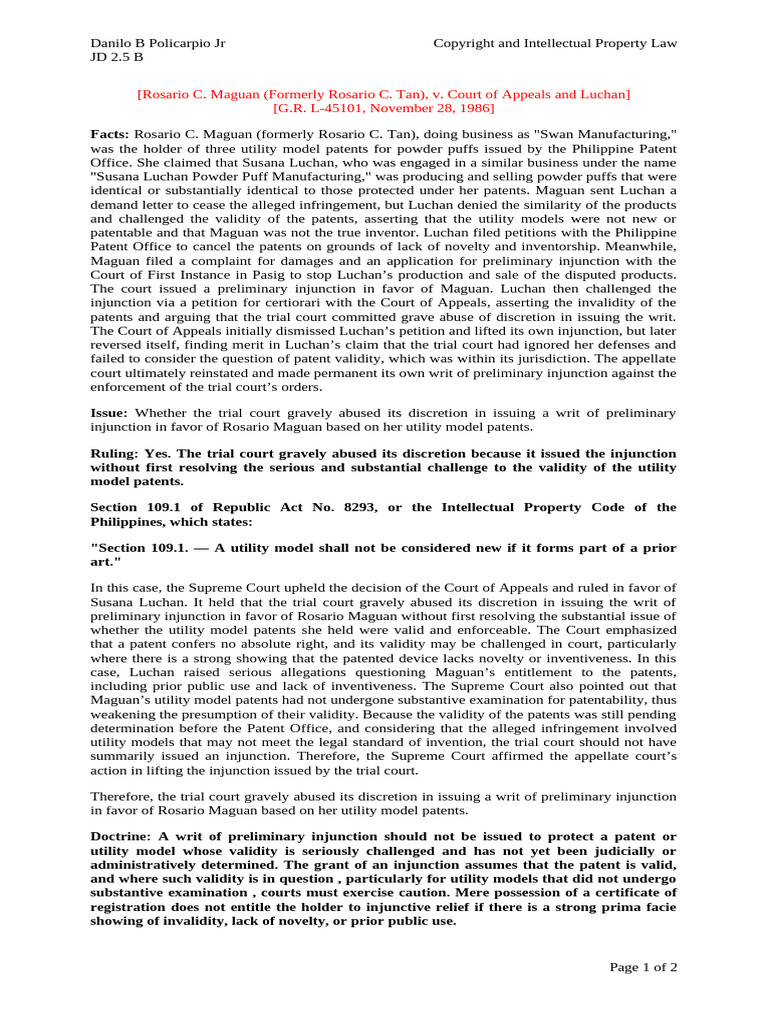 Utility Model Patent Injunction Case | PDF | Patent | Injunction