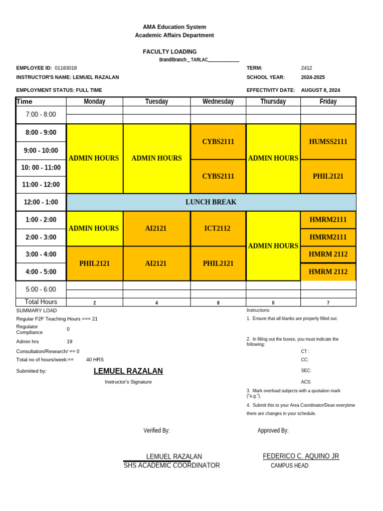 Faculty Loading for Term 2412 | PDF