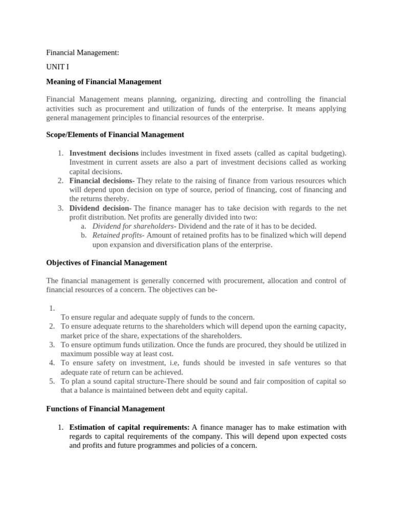 Financial Management Unit I | PDF | Equity (Finance) | Dividend