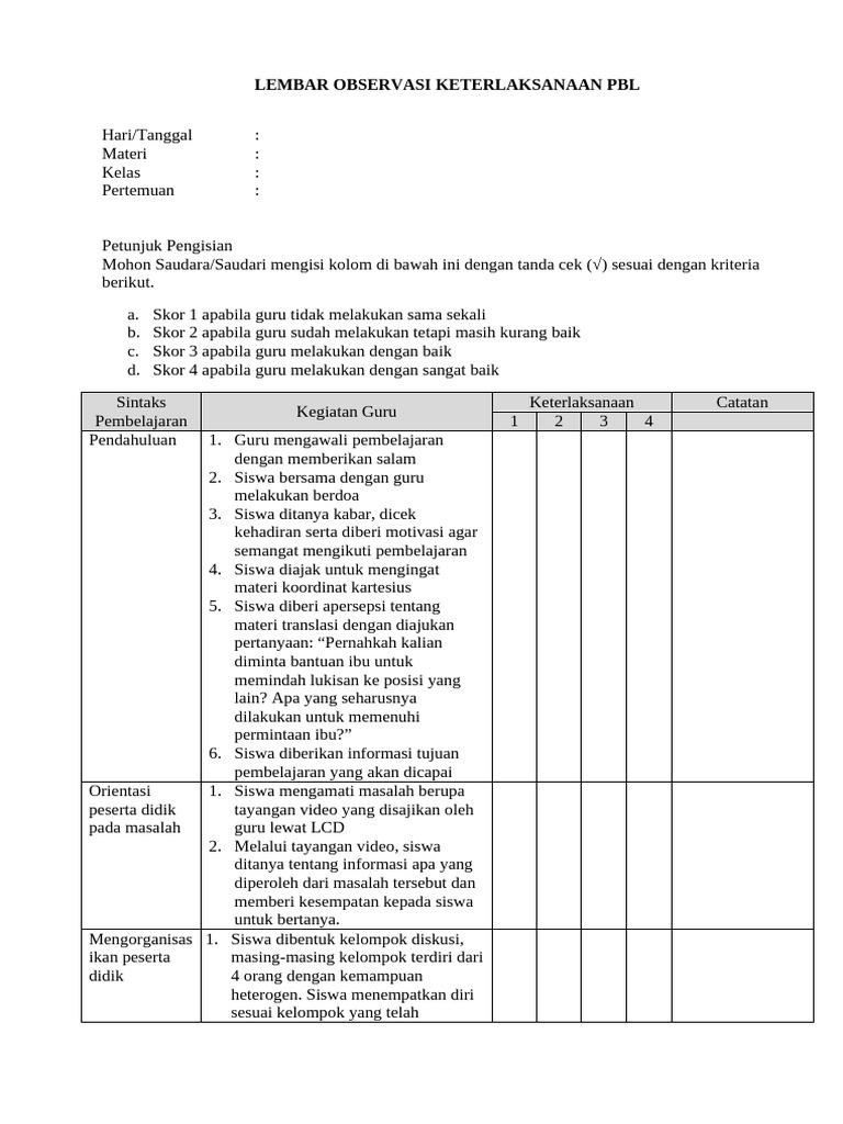Observasi PBL: Keterlaksanaan Pembelajaran | PDF