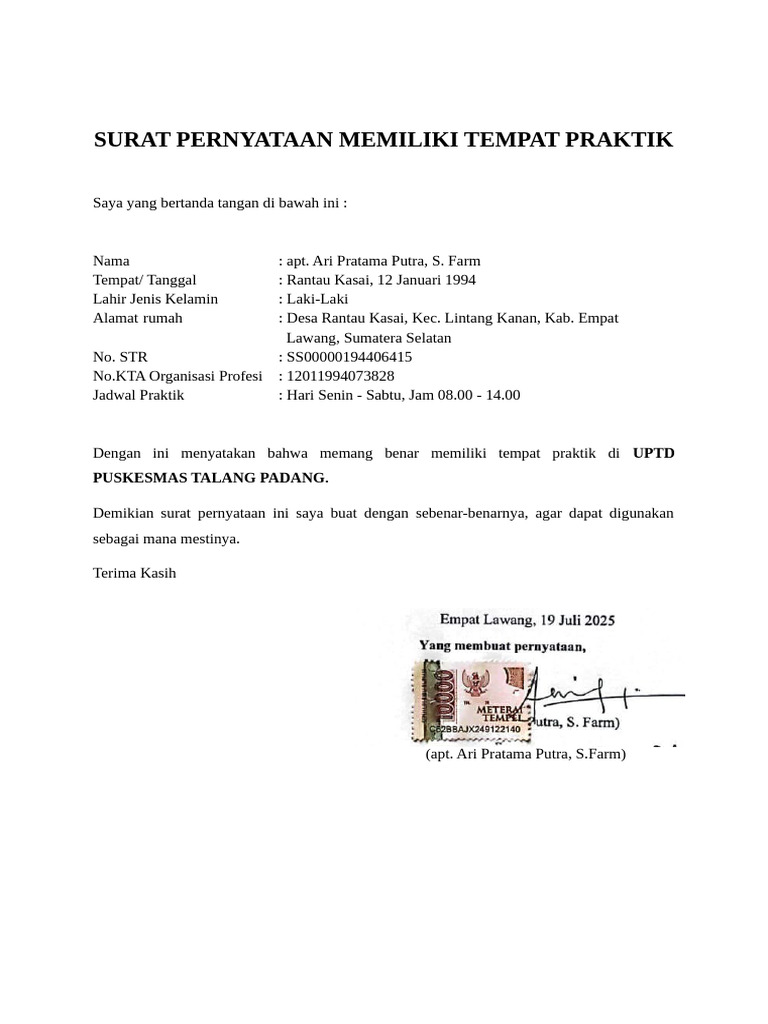 Surat Pernyataan Tempat Praktik Apoteker | PDF