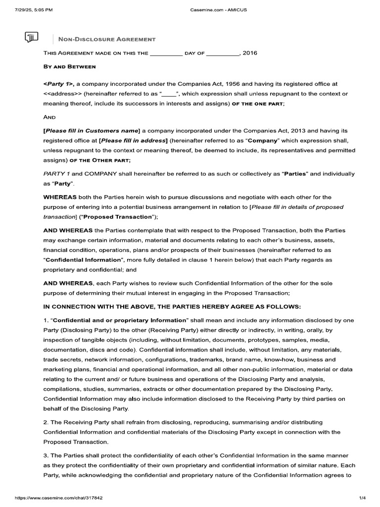 NDA (According To Template Given) | PDF