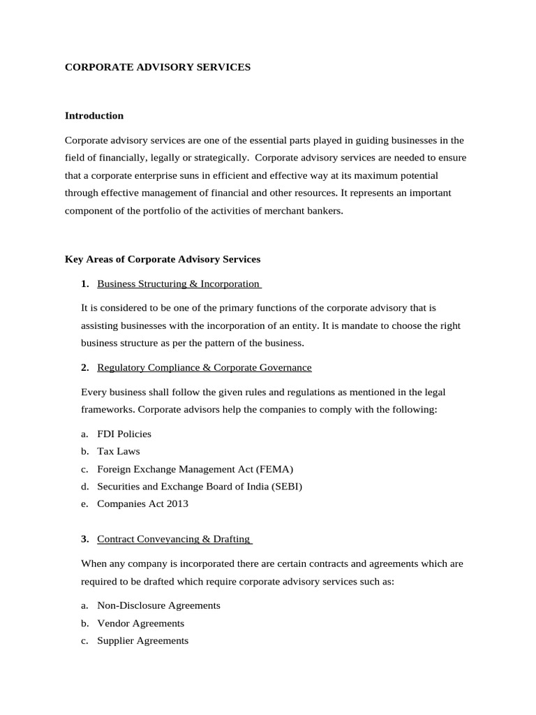 Corporate Advisory Services Overview | PDF | Mergers And Acquisitions ...