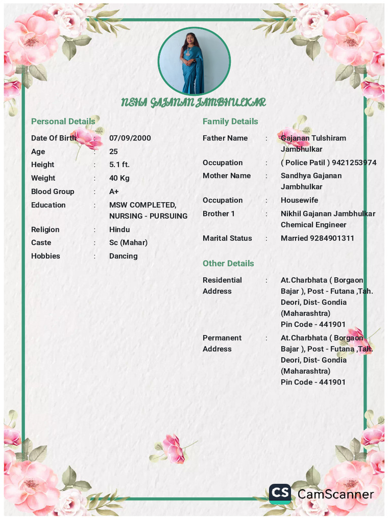 Neha Gajanan Jambhulkar: Personal Details Family Details | PDF