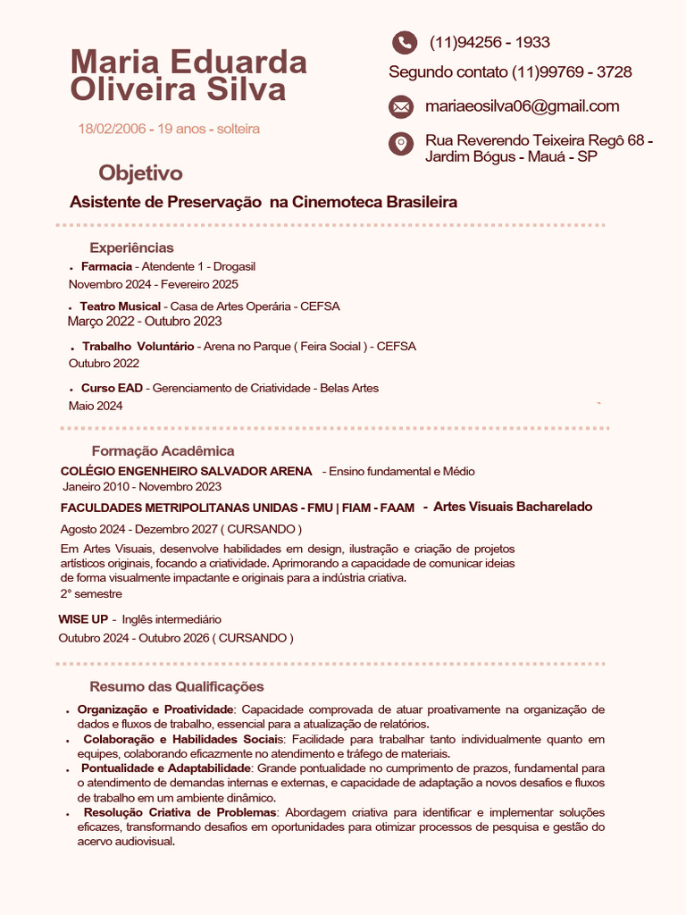 Perfil Profissional de Maria Eduarda Silva | PDF