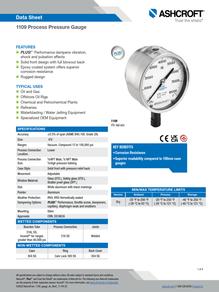 Ashcroft 1109 Pressure Gauge Specs | PDF | Pressure Measurement ...