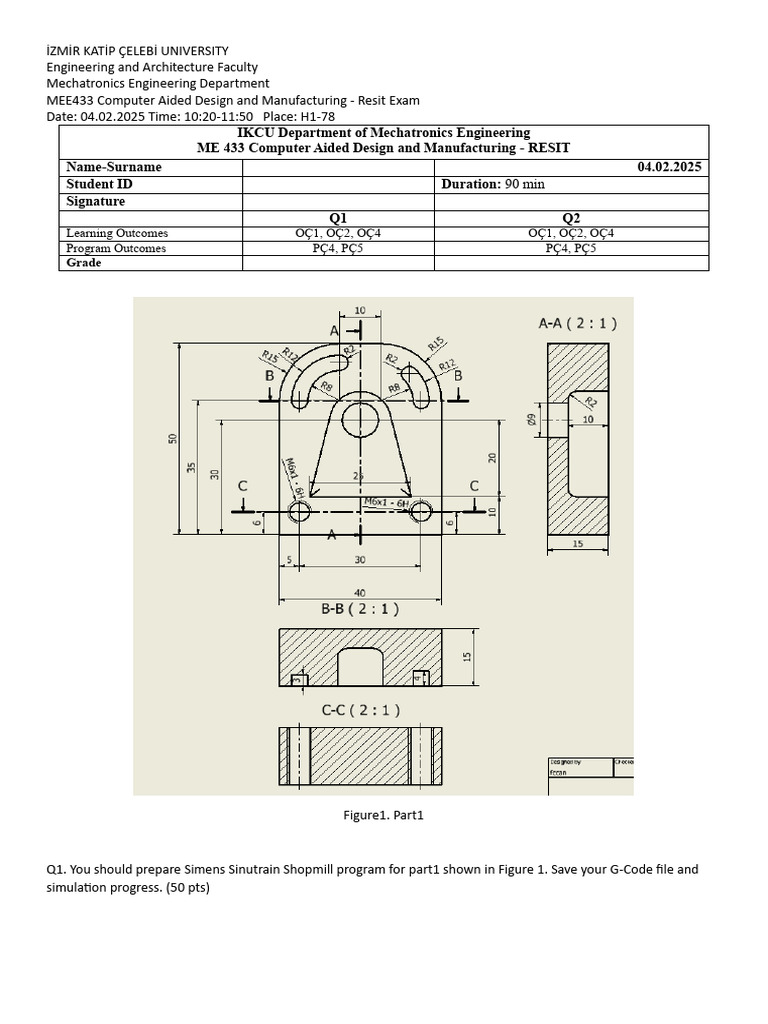 Mee433 Computer Aided Design and Manufacturing Resit Examination 2025 | PDF