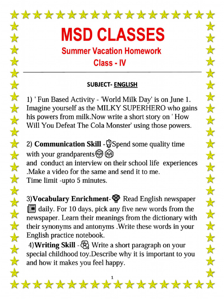 4th Class Holiday Homework | PDF