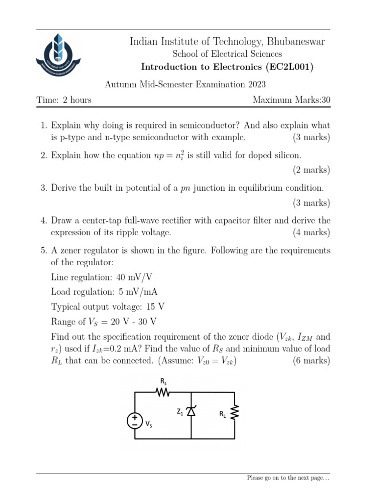 IIT Bhubaneswar EC2L001 Electronics Exam 2023 | PDF | P–N Junction ...