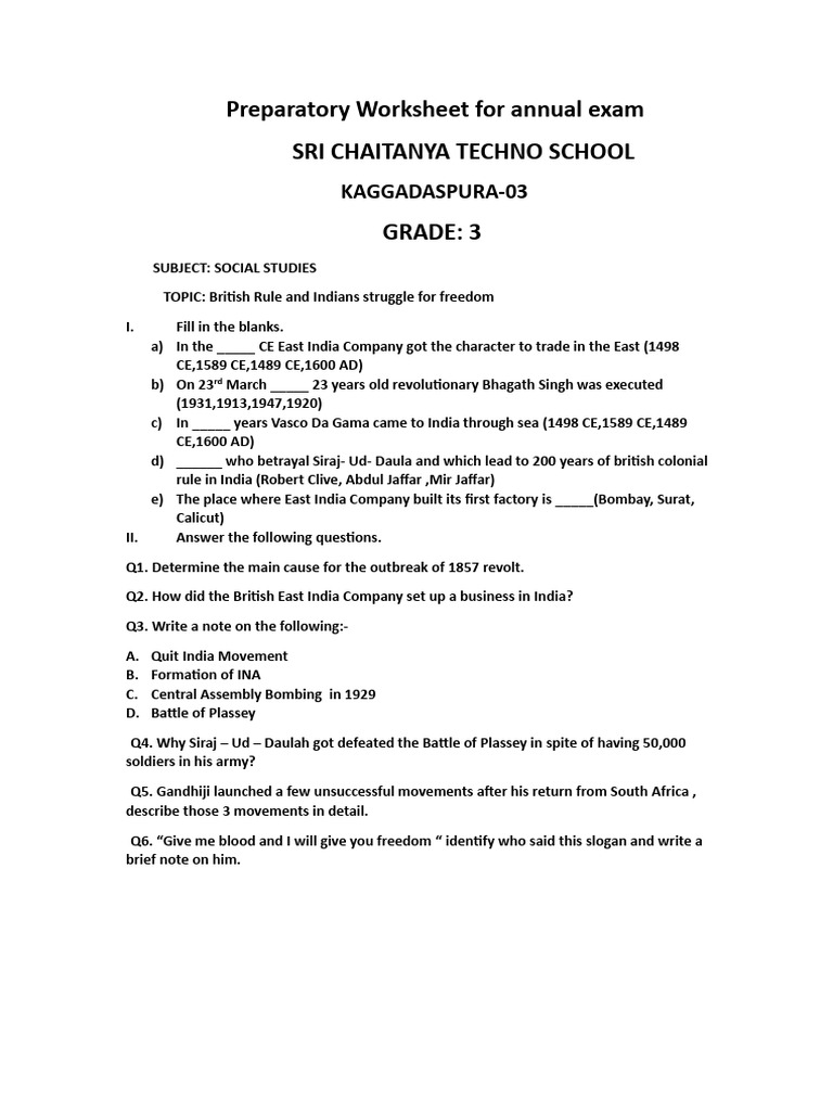 British Rule & Freedom Struggle Worksheet | PDF