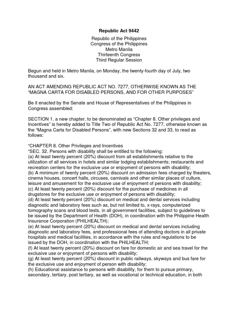RA 9442: Magna Carta for PWDs | PDF | Identity Document | Legal Personality