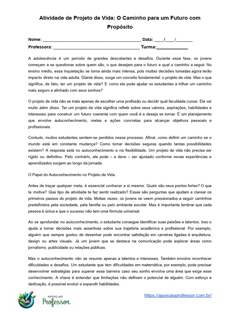 Reflexão sobre Projeto de Vida no Ensino Médio | PDF | Vida | Planejamento