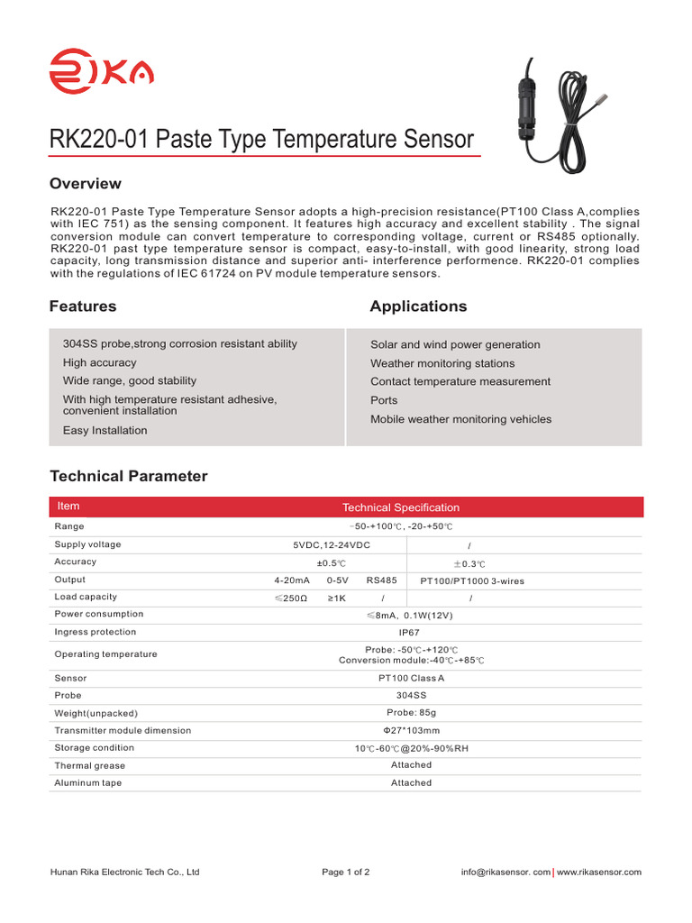 RK220-01 High-Precision Temperature Sensor | PDF | Photovoltaics | Sensor