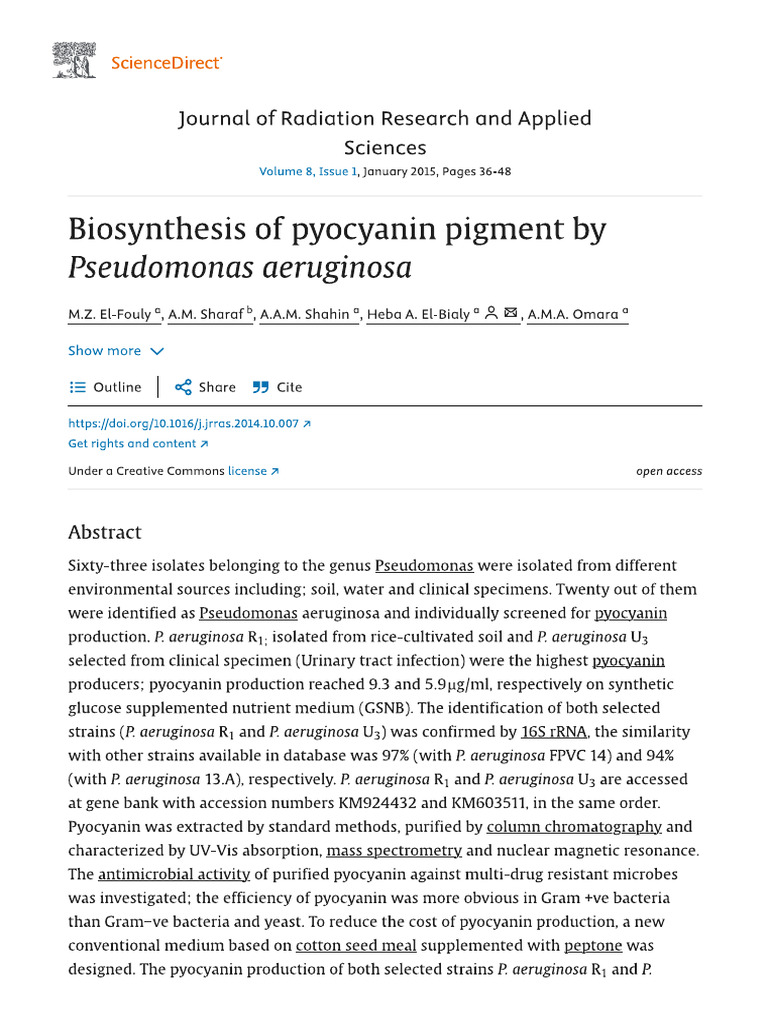 Biosynthesis of Pyocyanin Pigment by Pseudomonas Aeruginosa ...