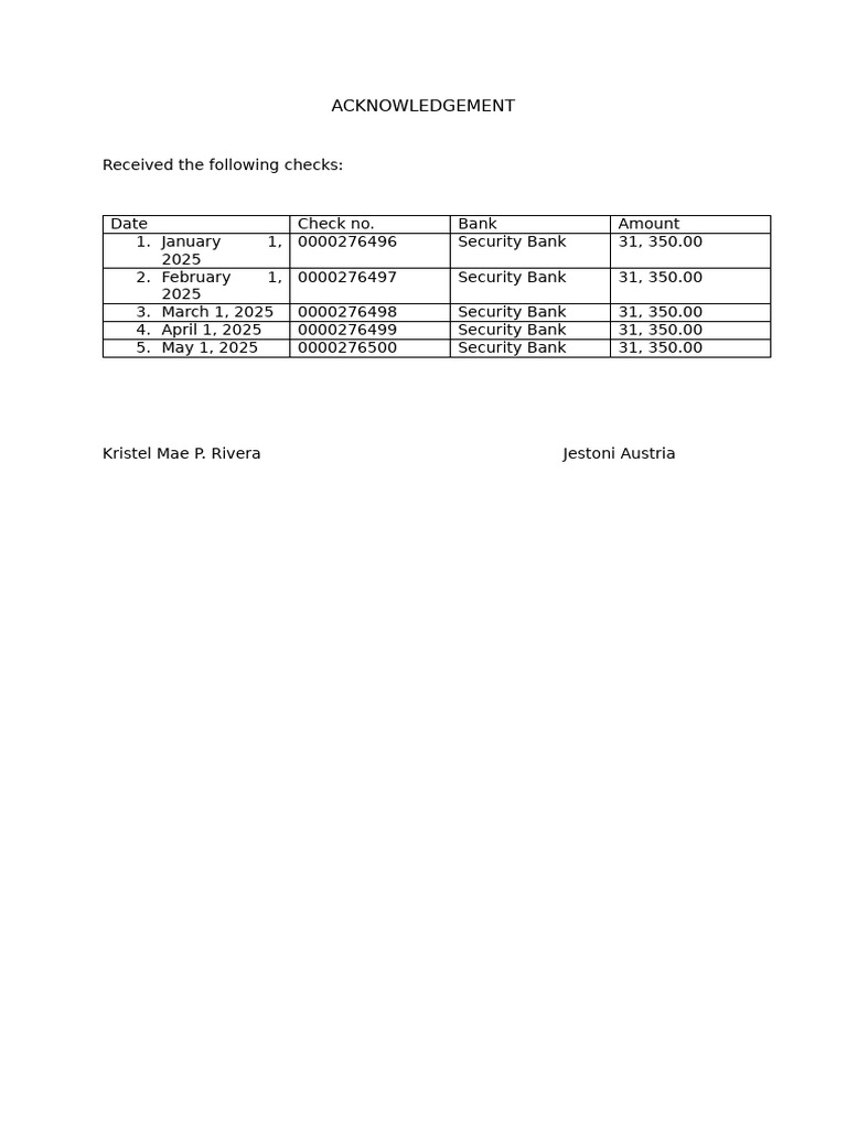 Acknowledgment of Received Checks | PDF