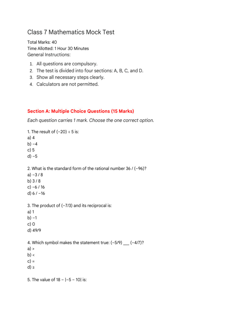 Class 7 Maths Mock Test Paper | PDF