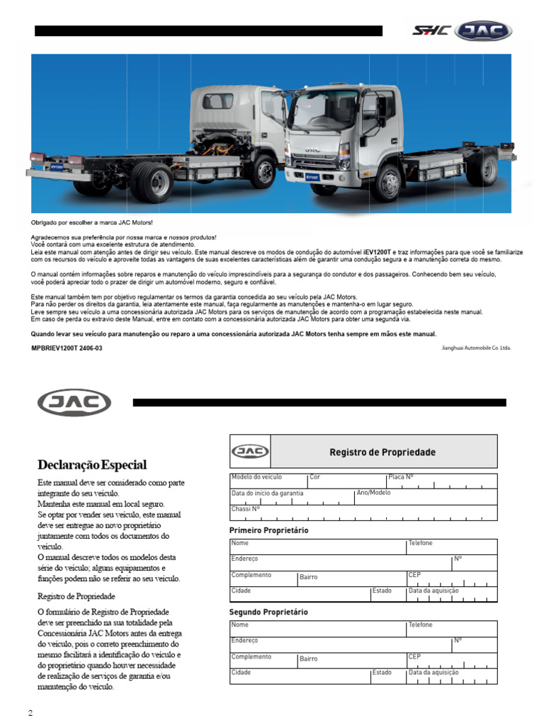 Manual do Proprietário JAC iEV1200T | PDF | Bomba | Oscilação