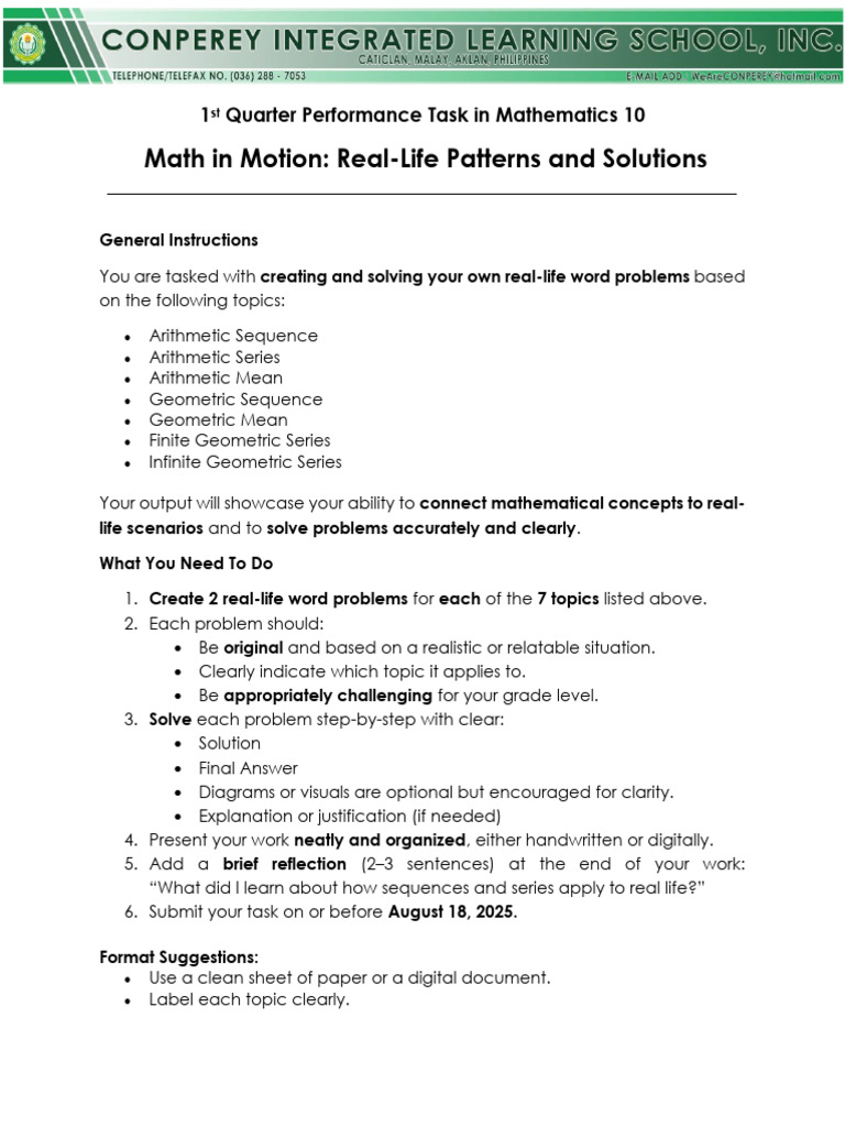 Math 10 Real Life Sequences Task Pdf Mathematics Arithmetic