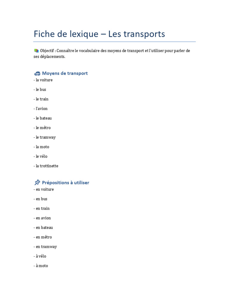 Vocabulaire des moyens de transport | PDF