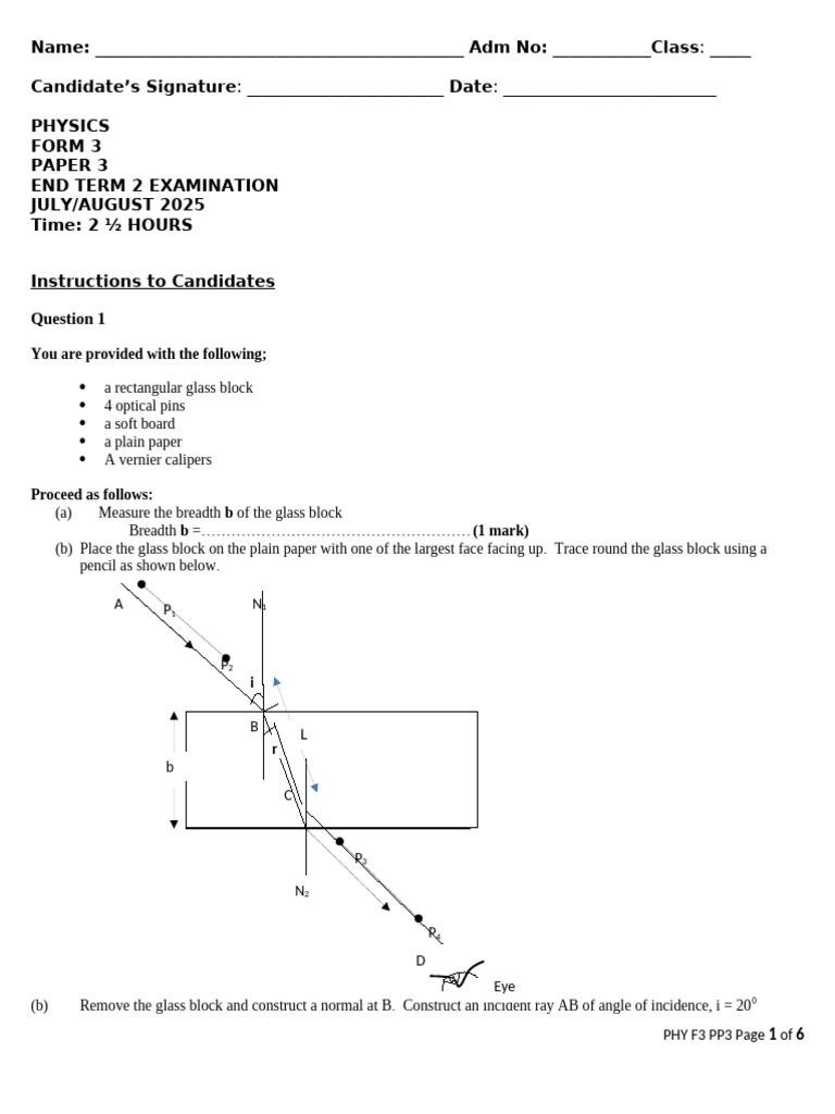 Form 3 Physics End Term Exam Paper 3 | PDF | Refraction | Applied And ...