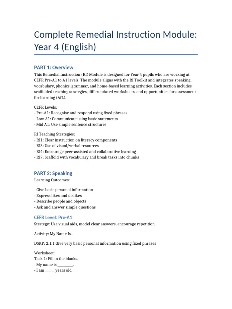 Year 4 Remedial Instruction Module | PDF