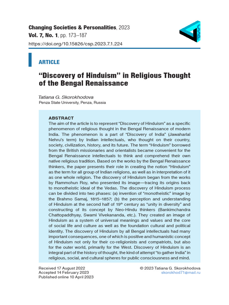 Discovery of Hinduism in Bengal Renaissance | PDF | Vedanta | Vedas
