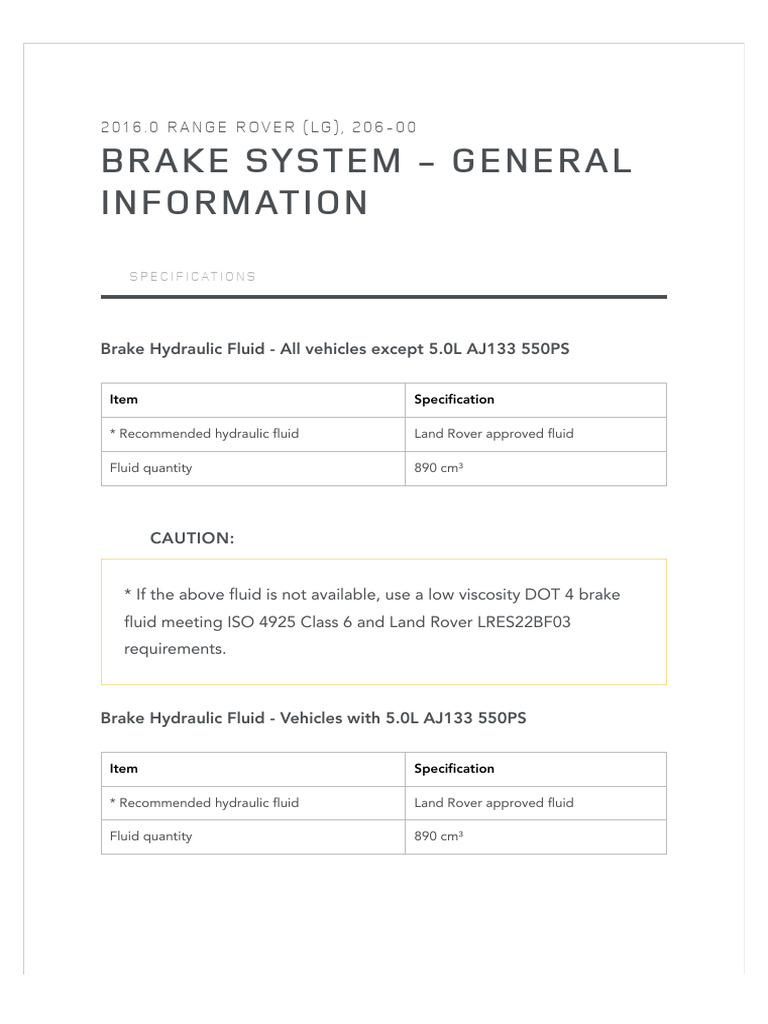 2016 Range Rover Brake System Specs | PDF | Brake | Mechanical Engineering