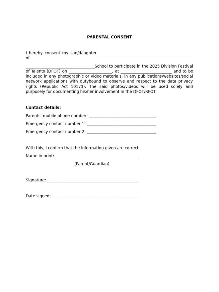 Parental Consent Form for DFOT 2025 | PDF