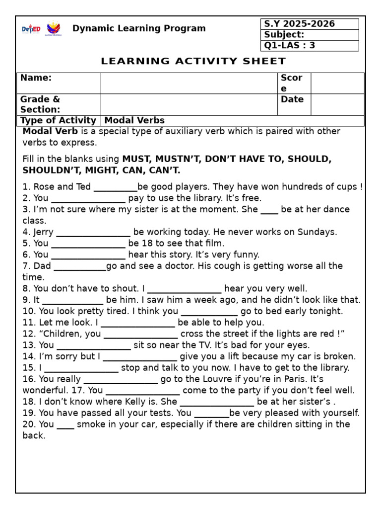 Dynamic Learning Program-LAS1-Modal Verbs-Draft | PDF
