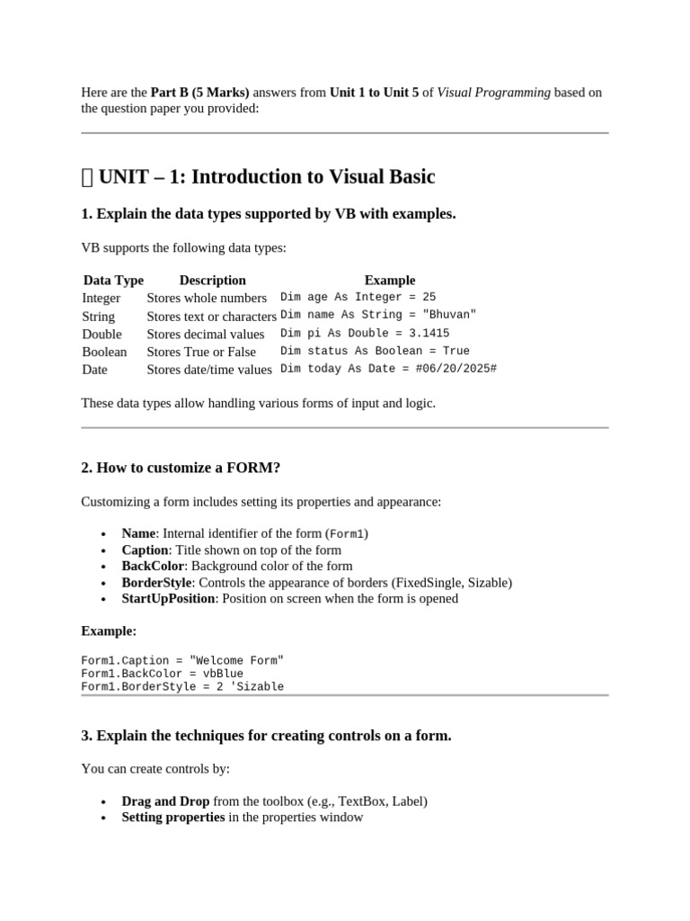 Visual Basic Programming Unit Summaries | PDF | Data Type | Boolean ...