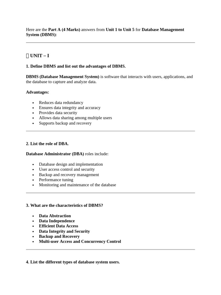 DBMS Unit 1-5 Answers Overview | PDF | Databases | Database Index