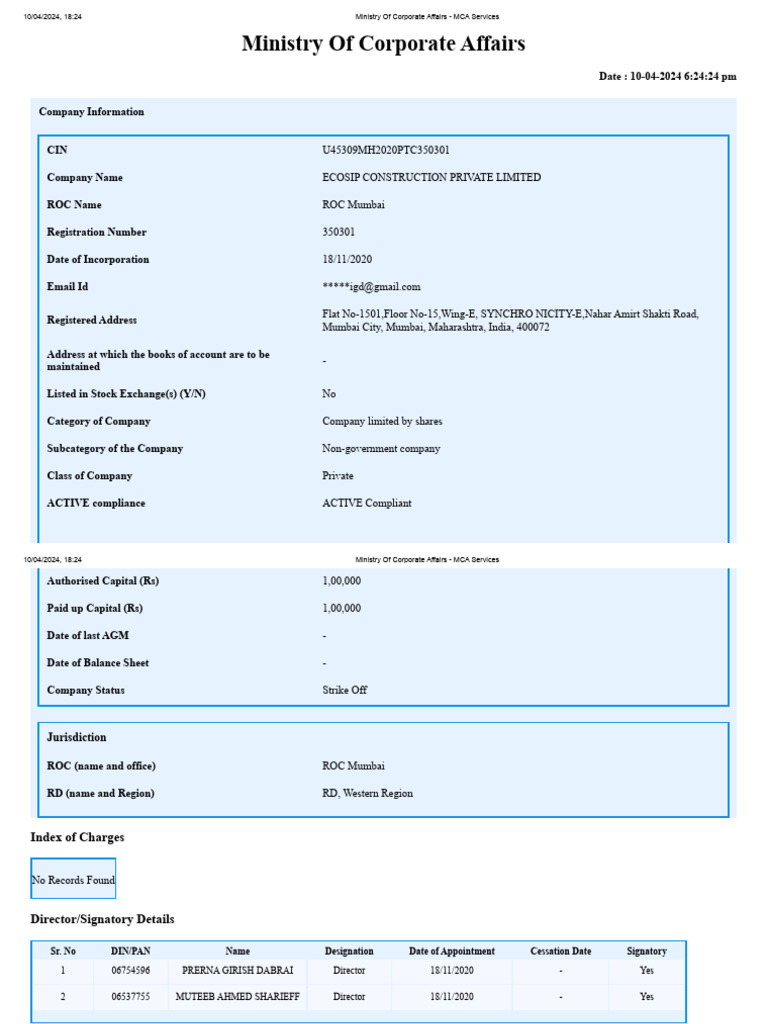 MCA21 NIC Code for ECOSIP Construction | PDF | Corporations