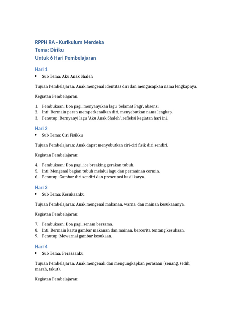 RPPH - RA - Tema - Diriku - Untuk 6 - Hari Pembelajaran | PDF