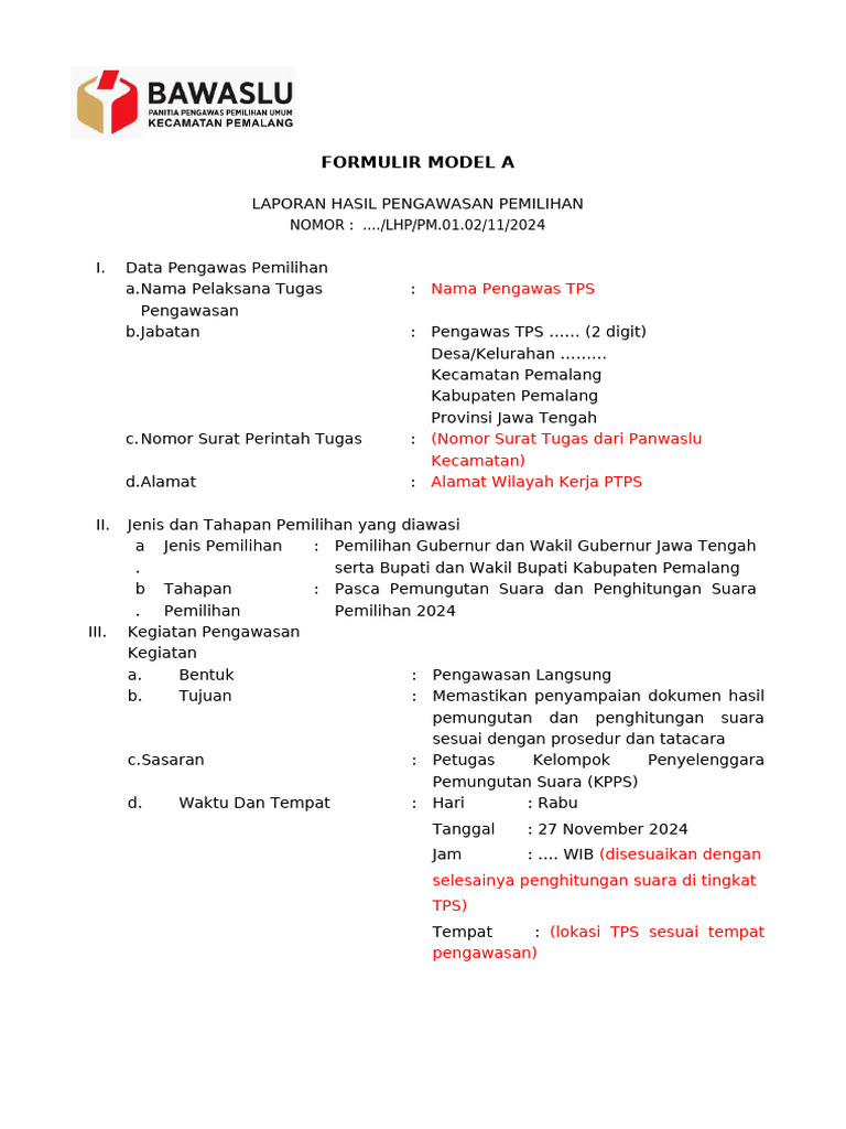 Form A Pengawasan Pilkada 2024 - (Pasca Pemungutan Dan Penghitungan ...