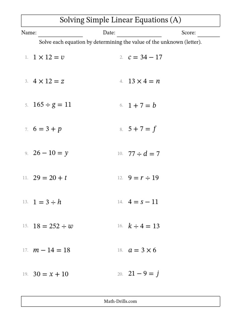 Algebra Unknown Variables in Equations Any Position Alloperations 0120 ...